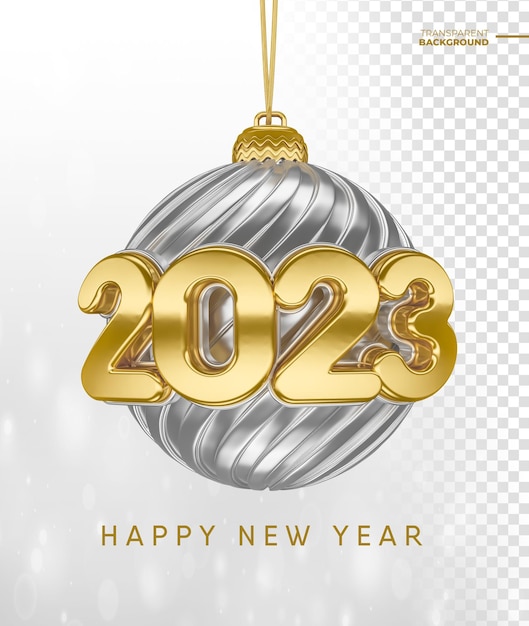 Feliz ano novo 2023 renderização 3d com bola de natal dourada com design de modelo de plano de fundo transparente