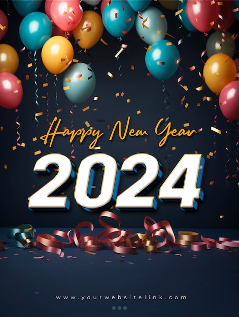 PSD feliz ano novo 2024 balão e popper de festa