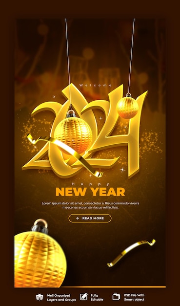 PSD feliz ano novo 2024 celebração instagram e facebook história post design ou modelo de banner