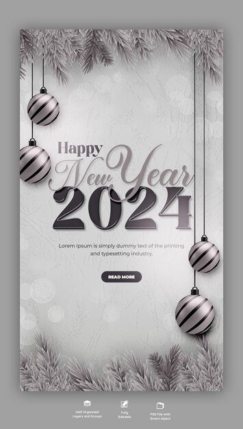 PSD feliz ano novo 2024 celebração instagram e facebook história post design ou modelo de banner