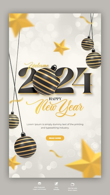 Feliz Ano Novo 2024 celebração Instagram e Facebook história post design ou modelo de banner