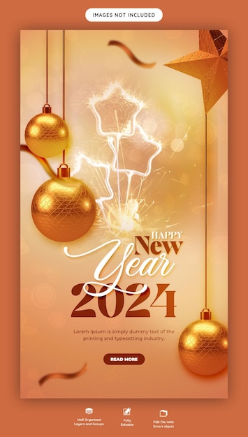Feliz Ano Novo 2024 celebração Instagram e Facebook história post design ou modelo de banner