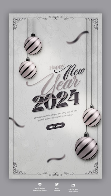 PSD feliz ano novo 2024 celebração instagram e facebook história post design ou modelo de banner