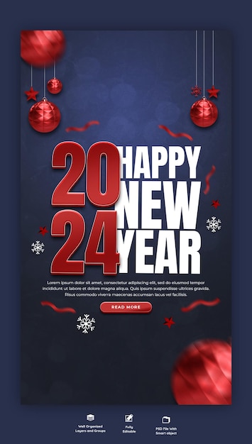 Feliz Ano Novo 2024 celebração Instagram e Facebook história post design ou modelo de banner