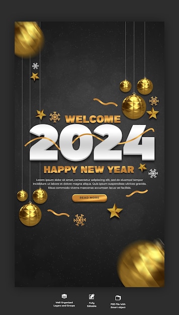 Feliz Ano Novo 2024 celebração Instagram e Facebook história post design ou modelo de banner