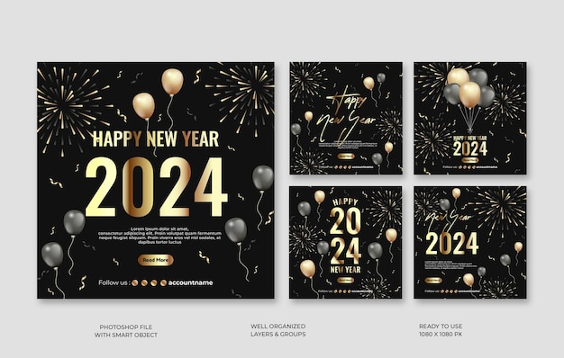 Feliz ano novo 2024 coleção de design de modelo de postagem de mídia social