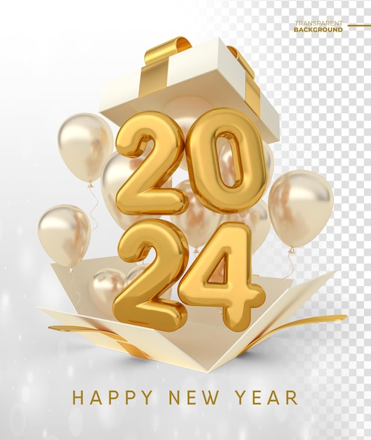 PSD feliz ano novo 2024 em renderização 3d dourada com design de modelo de fundo transparente