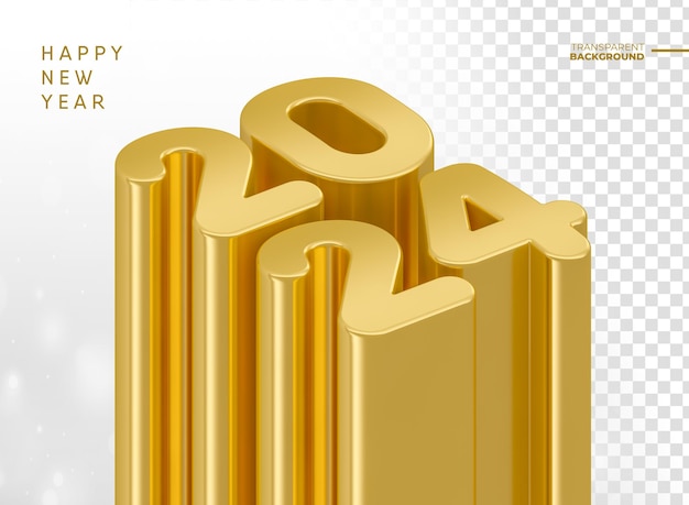 PSD feliz ano novo 2024 em renderização 3d dourada com design de modelo de fundo transparente