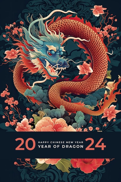 PSD feliz ano novo chinês cartaz 2024 ano da ilustração do dragão ai generativexa