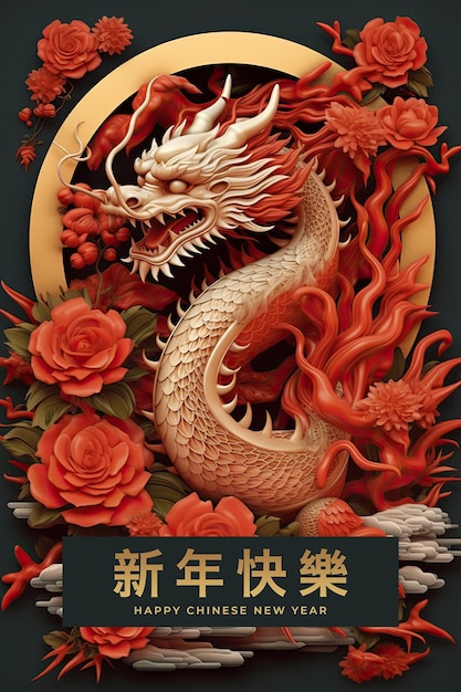 Feliz Ano Novo Chinês Cartaz 2024 Ano da Ilustração do Dragão AI GenerativexA