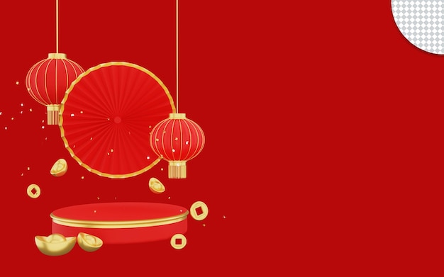 Feliz Ano Novo Chinês com lanterna e exibição de produto no pódio com renderização 3D de moedas