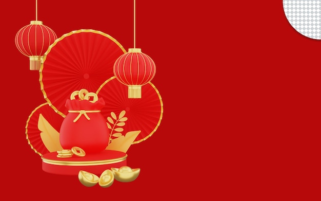 Feliz ano novo chinês com sorteio de lanterna bolsa e renderização 3d de moedas