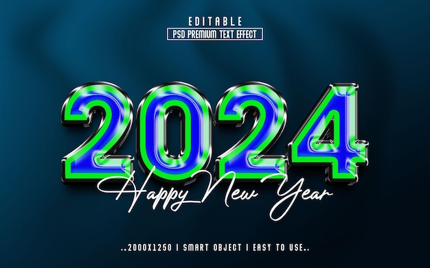 Feliz ano novo de 2024, efeito de texto editável em 3D com fundo