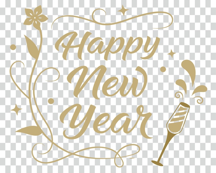 PSD feliz ano novo golden font png com elementos de design festivo