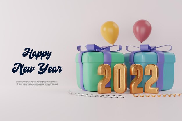 Feliz año nuevo 2022 2022 banner de año nuevo ilustración de render 3d