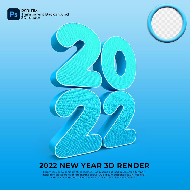 PSD feliz año nuevo 2022 3d render azul moderno