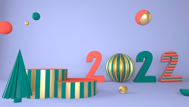 Feliz año nuevo 2022. Números 3D con formas geométricas y bola de Navidad. Render 3D.