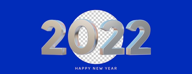 Feliz año nuevo 2022 texto 3d blanco metálico con fondo negro aislado