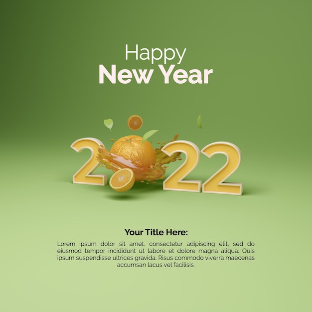 Feliz año nuevo 2022 texto con naranja 3d para plantilla de diseño de póster