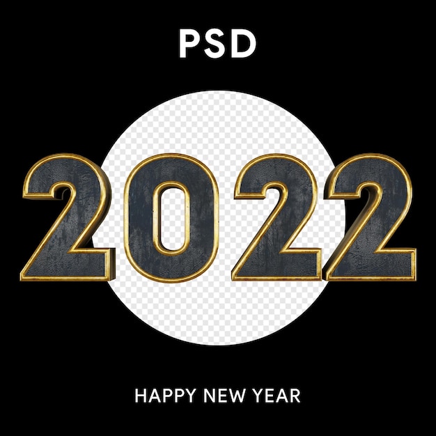 PSD feliz año nuevo 2022 texto textura de oro 3d con fondo negro aislado fondo de año nuevo 3d