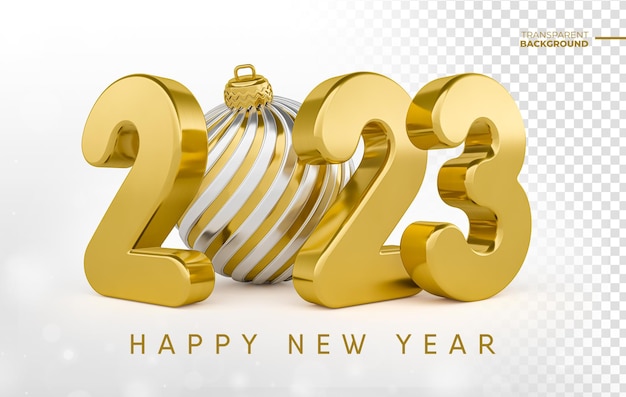 PSD feliz año nuevo 2023 3d render con bola de navidad dorada con diseño de plantilla de fondo transparente