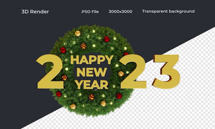 PSD feliz año nuevo 2023 con corona decorada aislada en representación 3d de fondo transparente