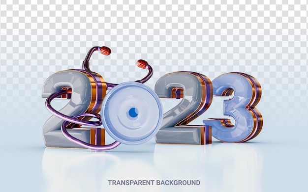 PSD feliz año nuevo 2023 con estatoscopio dorado y efecto de vidrio concepto de renderizado 3d para el cuidado de la salud