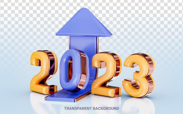 feliz año nuevo 2023 con flecha hacia arriba efecto dorado y vidrio concepto de representación 3d para el objetivo en el año