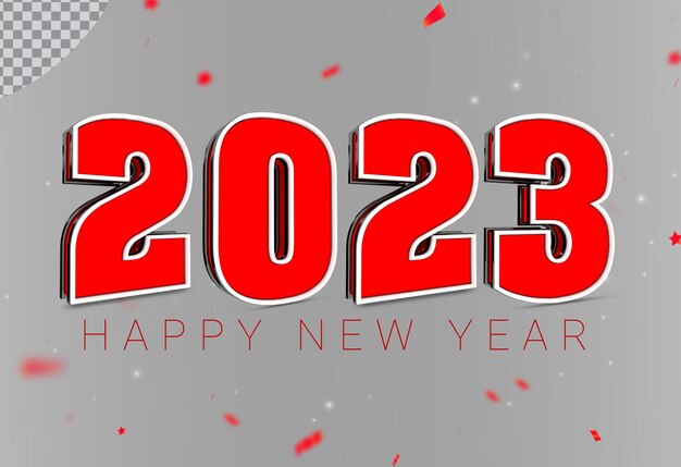 Feliz año nuevo 2023 Número 3D color rojo elegante banner con confeti cayendo sobre fondo brillante