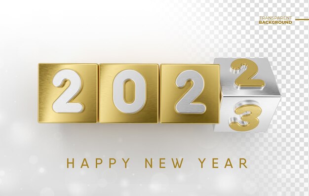 Feliz Año Nuevo 2023 en render 3d dorado con diseño de plantilla de fondo transparente