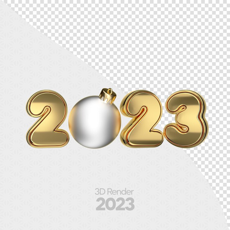 PSD feliz año nuevo 2023 en render 3d dorado con diseño de plantilla de fondo transparente