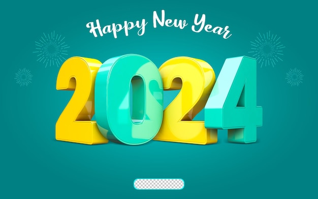 Feliz año nuevo 2024 3D amarillo y cian