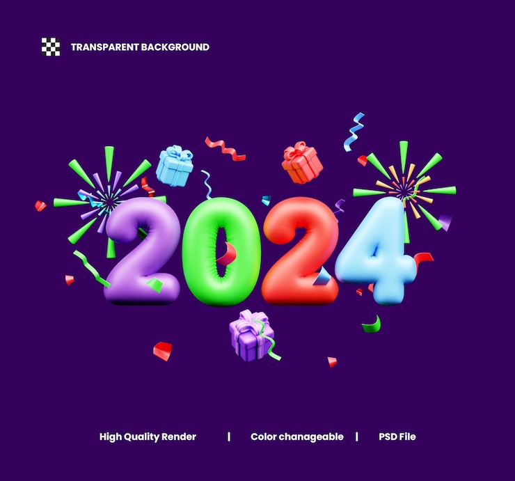 PSD feliz año nuevo 2024 celebración ilustración en 3d o feliz año nuevo 2024 renderizado en 3d con confeti