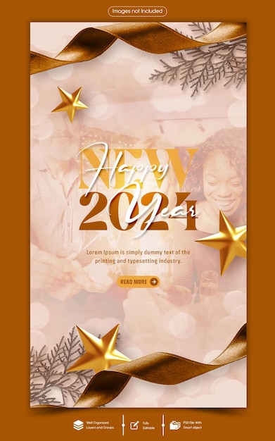 PSD feliz año nuevo 2024 celebración instagram diseño de historias