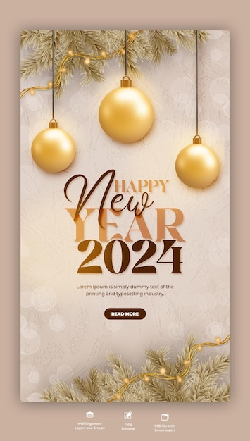 PSD feliz año nuevo 2024 celebración instagram y facebook historia diseño de publicación o plantilla de banner