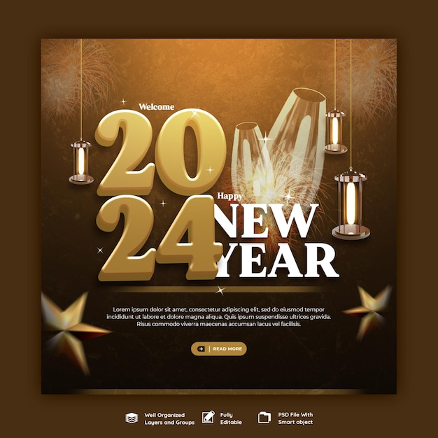 PSD feliz año nuevo 2024 celebración de publicación en las redes sociales o plantilla de banner