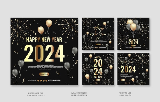 Feliz año nuevo 2024 colección de diseño de plantillas de publicaciones en redes sociales