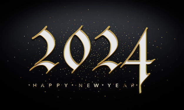 Feliz año nuevo 2024 diseño de banner de efecto de texto dorado 3d
