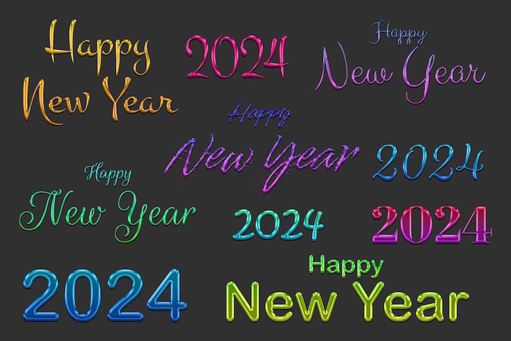 PSD feliz año nuevo y 2024 efecto de estilo de texto de gradiente de colores completamente editable