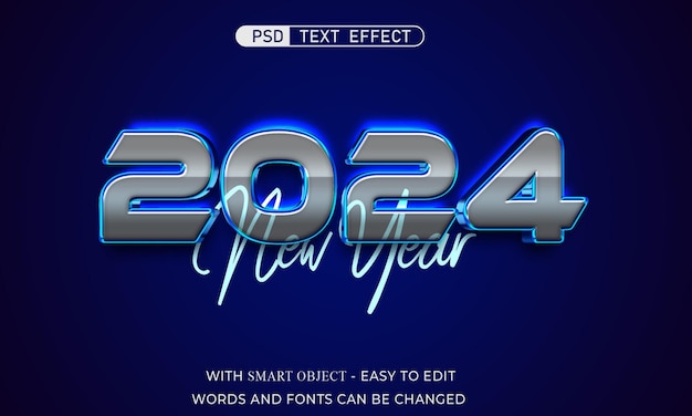 PSD feliz año nuevo 2024 efecto de texto estilo luz azul