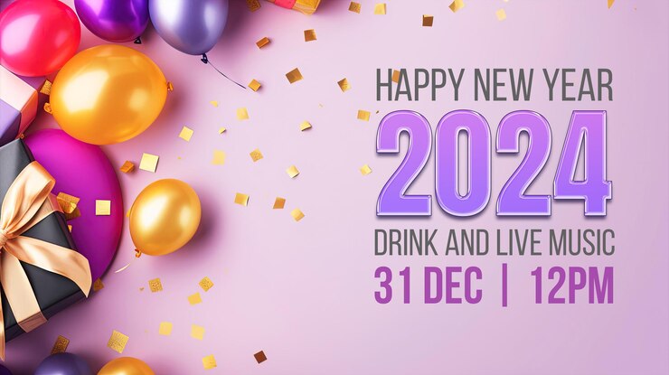 PSD feliz año nuevo 2024 fondo con caja de regalo de globo lujo fondo colorido