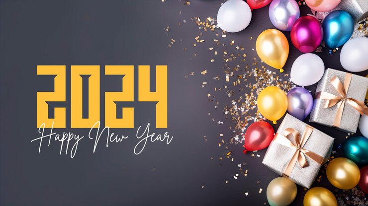 PSD feliz año nuevo 2024 fondo con caja de regalo de globo lujo fondo colorido