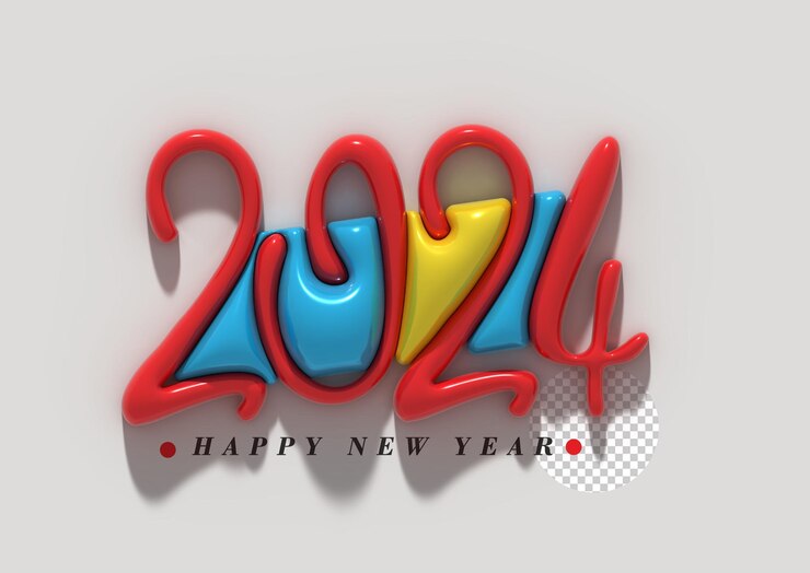 PSD feliz año nuevo 2024 letras tipográficas transparentes psd