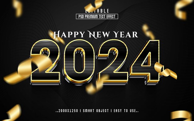 Feliz año nuevo 2024 plantilla de efecto de texto 3D de lujo editable con fondo