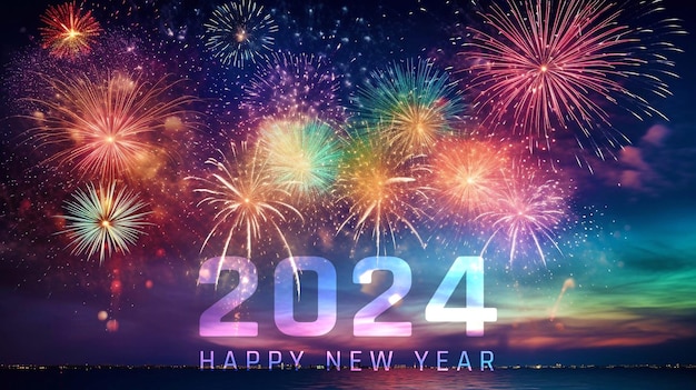 Feliz año nuevo 2024 plantilla de póster con coloridos fuegos artificiales de fondo