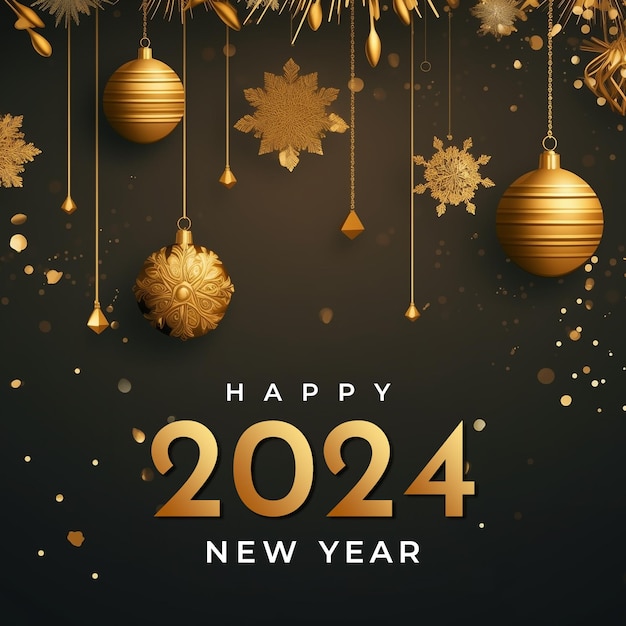 Feliz año nuevo 2024 publicación en las redes sociales con golden typography