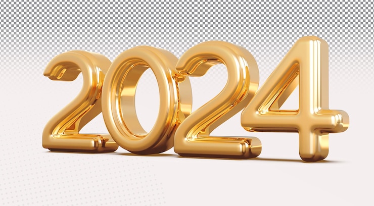 PSD feliz año nuevo 2024 render de números en 3d