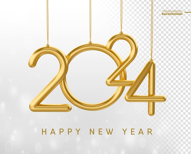 PSD feliz año nuevo 2024 en renderizado 3d dorado con diseño de plantilla de fondo transparente