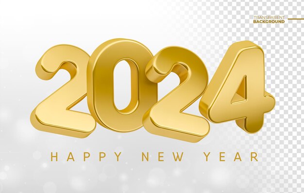 feliz año nuevo 2024 en renderizado 3d dorado con diseño de plantilla de fondo transparente