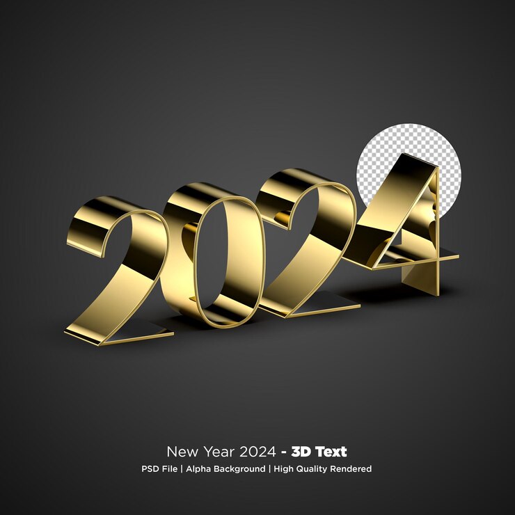 PSD feliz año nuevo 2024 texto en 3d con fondo transparente psd